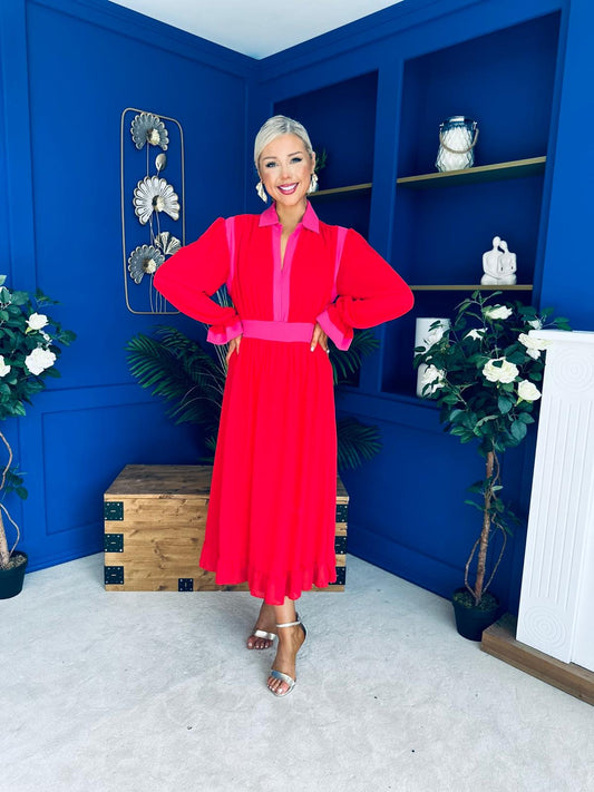 Saoirse Detailed 2 Tone Midi Dress Red