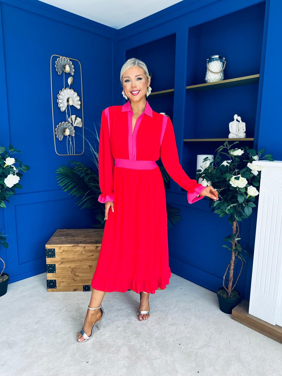 Saoirse Detailed 2 Tone Midi Dress Red