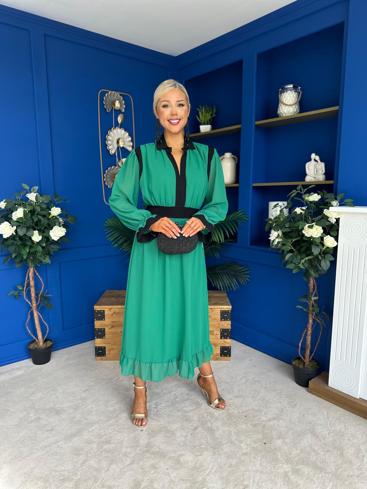 Saoirse Detailed 2 Tone Midi Dress Green