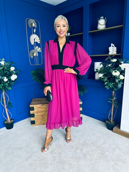 Saoirse Detailed 2 Tone Midi Dress Berry
