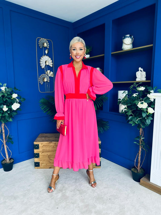 Saoirse Detailed 2 Tone Midi Dress Pink