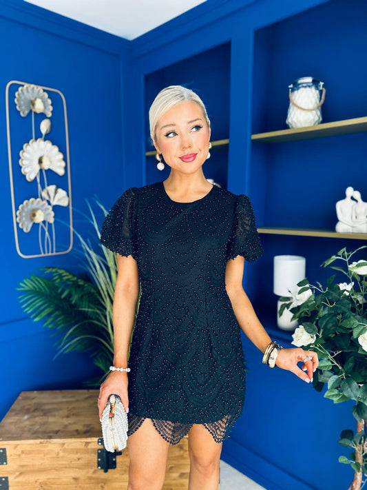 Gina Embellished Puff Sleeve Mini Dress Black
