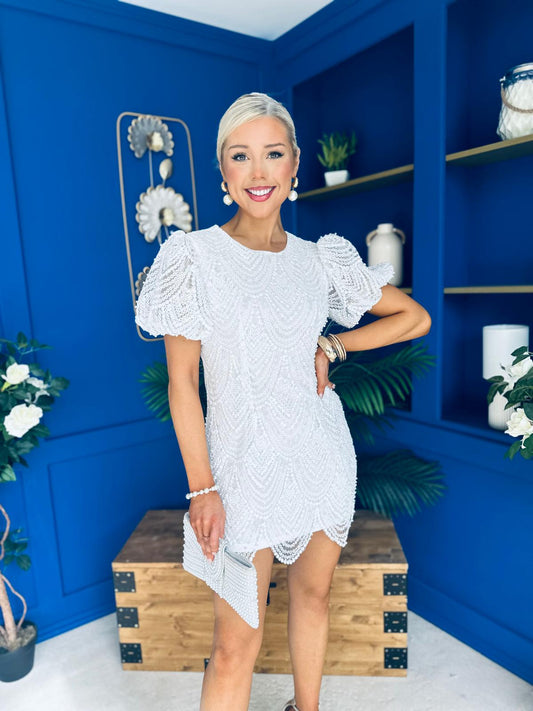 Gina Embellished Puff Sleeve Mini Dress White