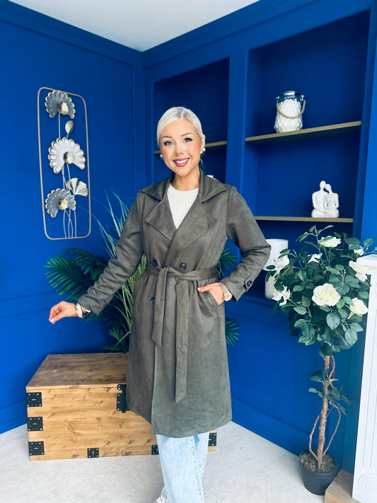Bianca Faux Suede Trench Coat Khaki