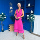 Cleo Ruched & Layered Midi Dress Cerise