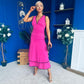 Cleo Ruched & Layered Midi Dress Cerise