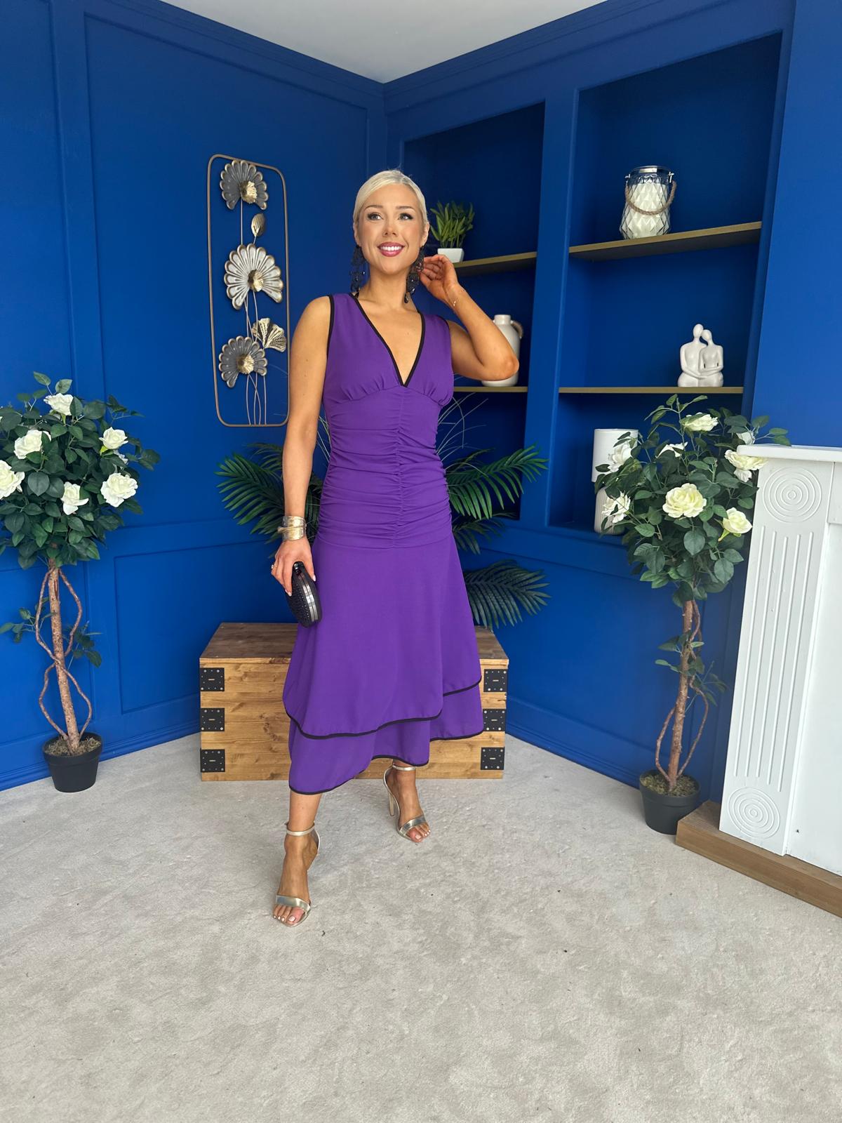 Cleo Ruched & Layered Midi Dress Violet