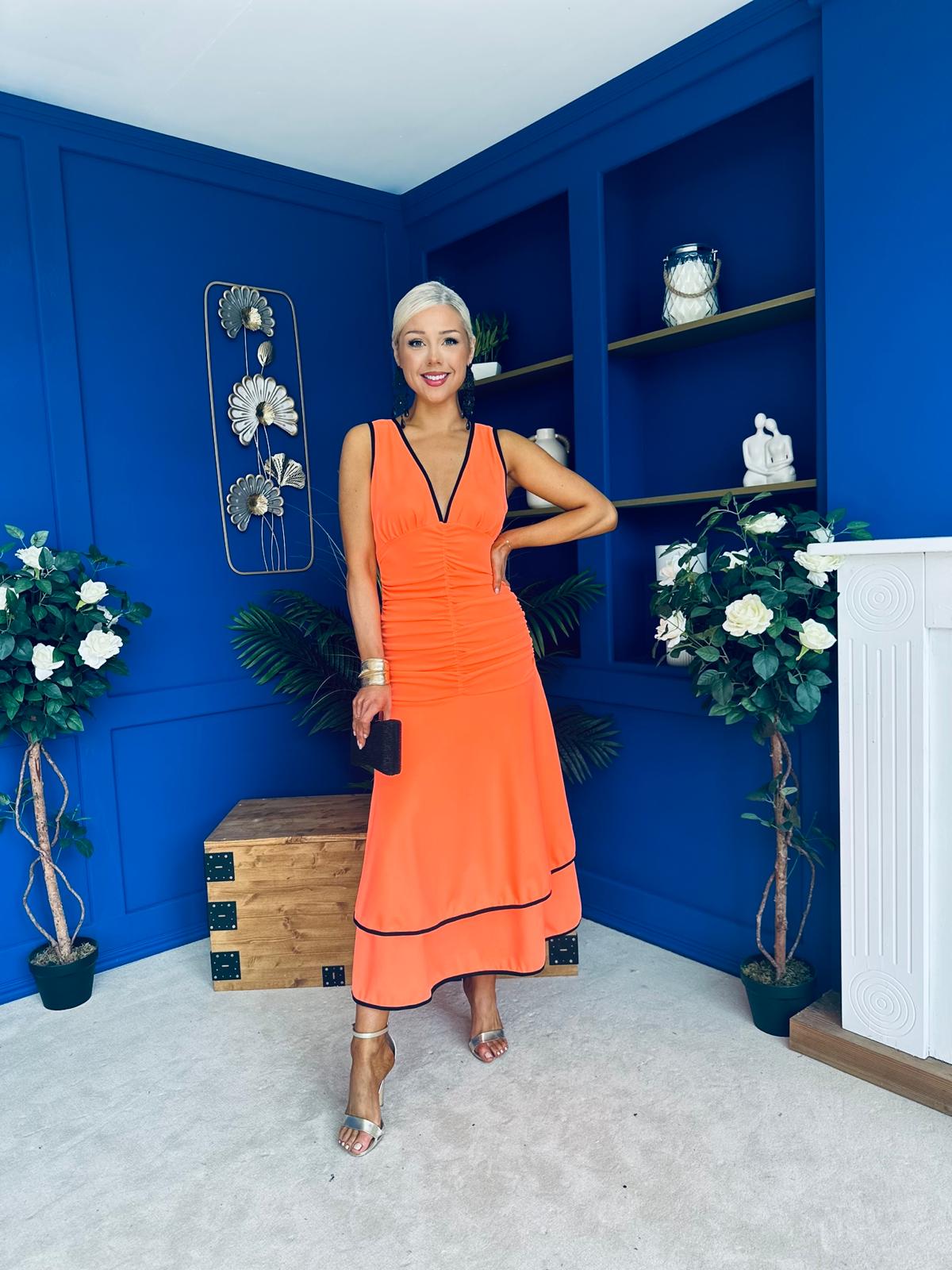 Cleo Ruched & Layered Midi Dress Amber