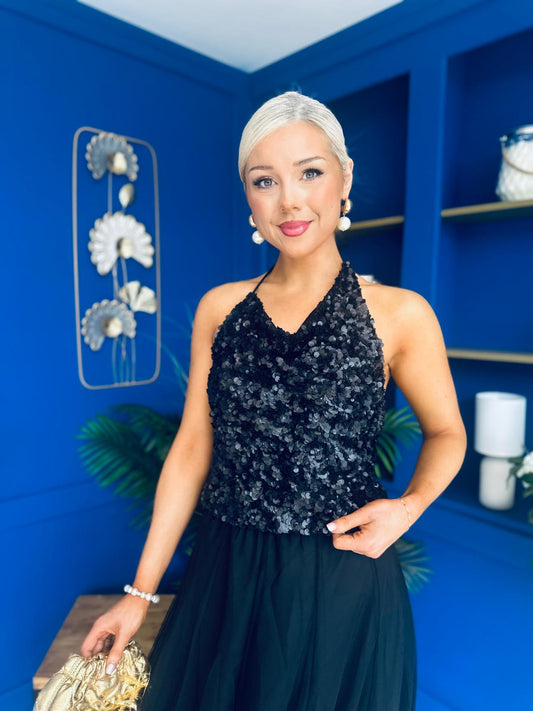 Ruth Detailed Sequin Top Black