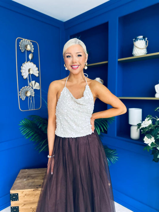 Ruth Detailed Sequin Top Taupe