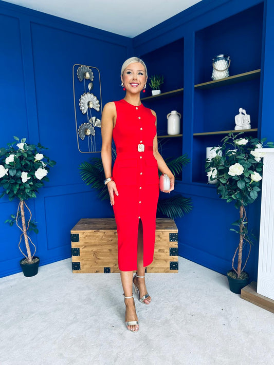 Ella Detailed Knit Midi Dress Red