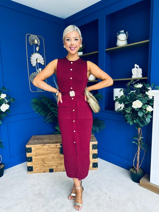 Ella Detailed Knit Midi Dress Burgundy