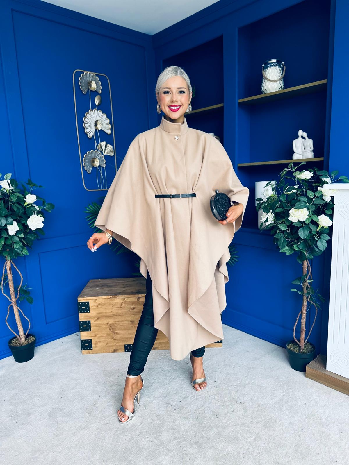 Phoebe Belted Longline Cape Beige Pre Order 18 Sept