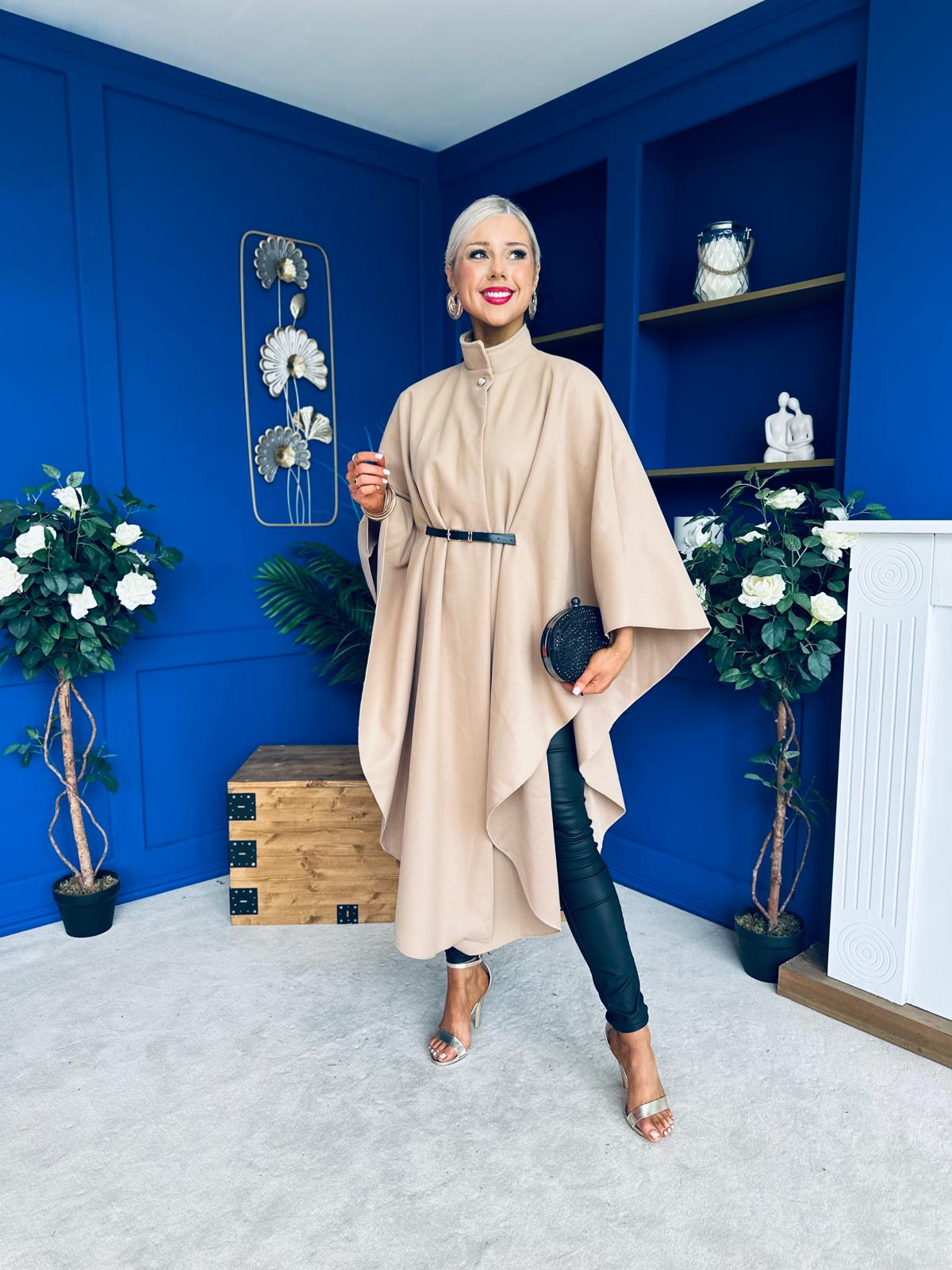 Phoebe Belted Longline Cape Beige Pre Order 18 Sept