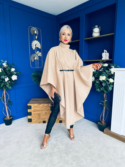 Phoebe Belted Longline Cape Beige Pre Order 18 Sept