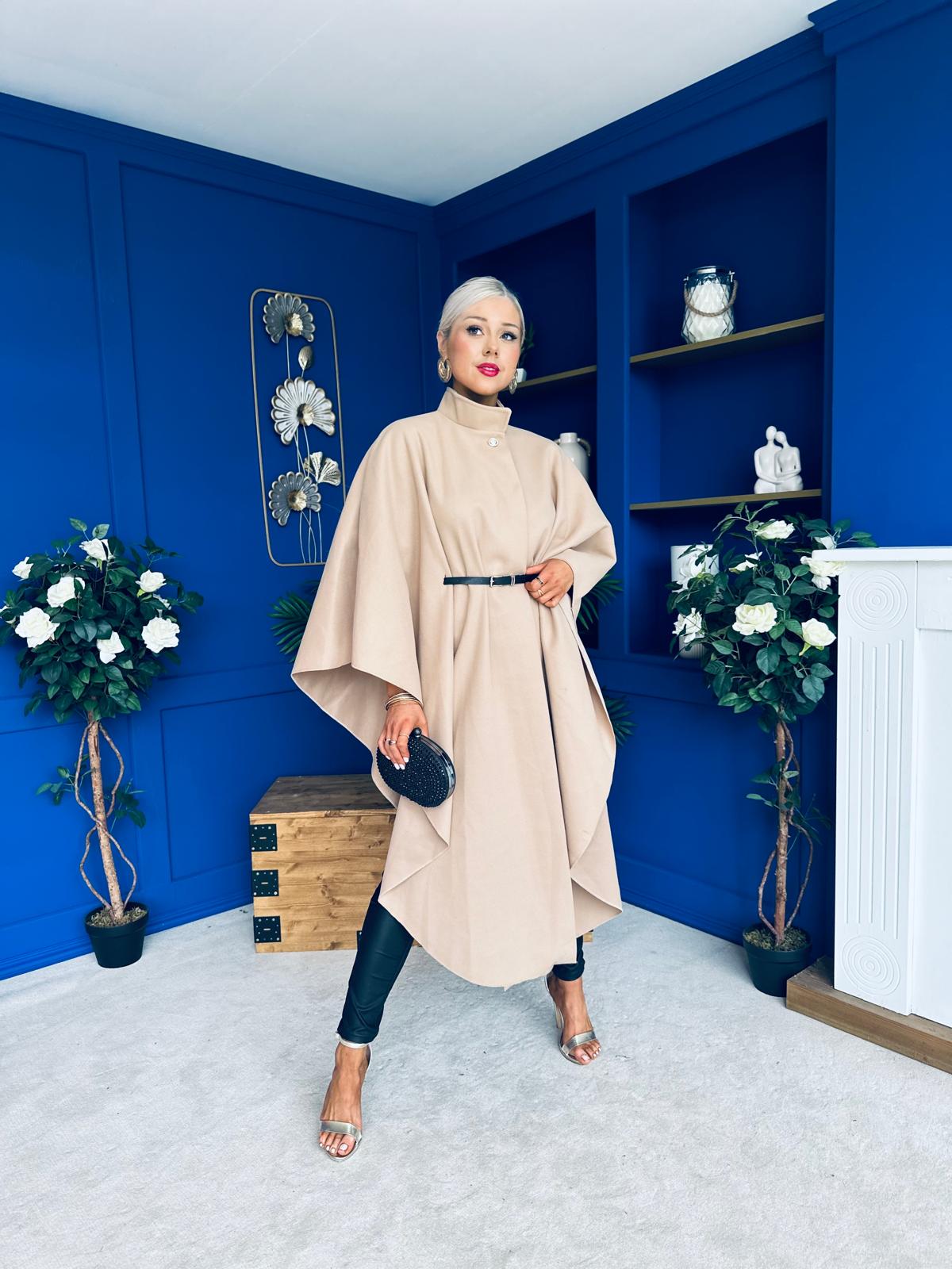 Phoebe Belted Longline Cape Beige Pre Order 18 Sept