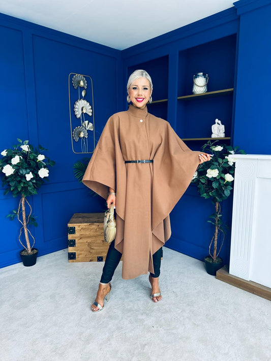 Phoebe Belted Longline Cape Camel Pre Order 18 Sept
