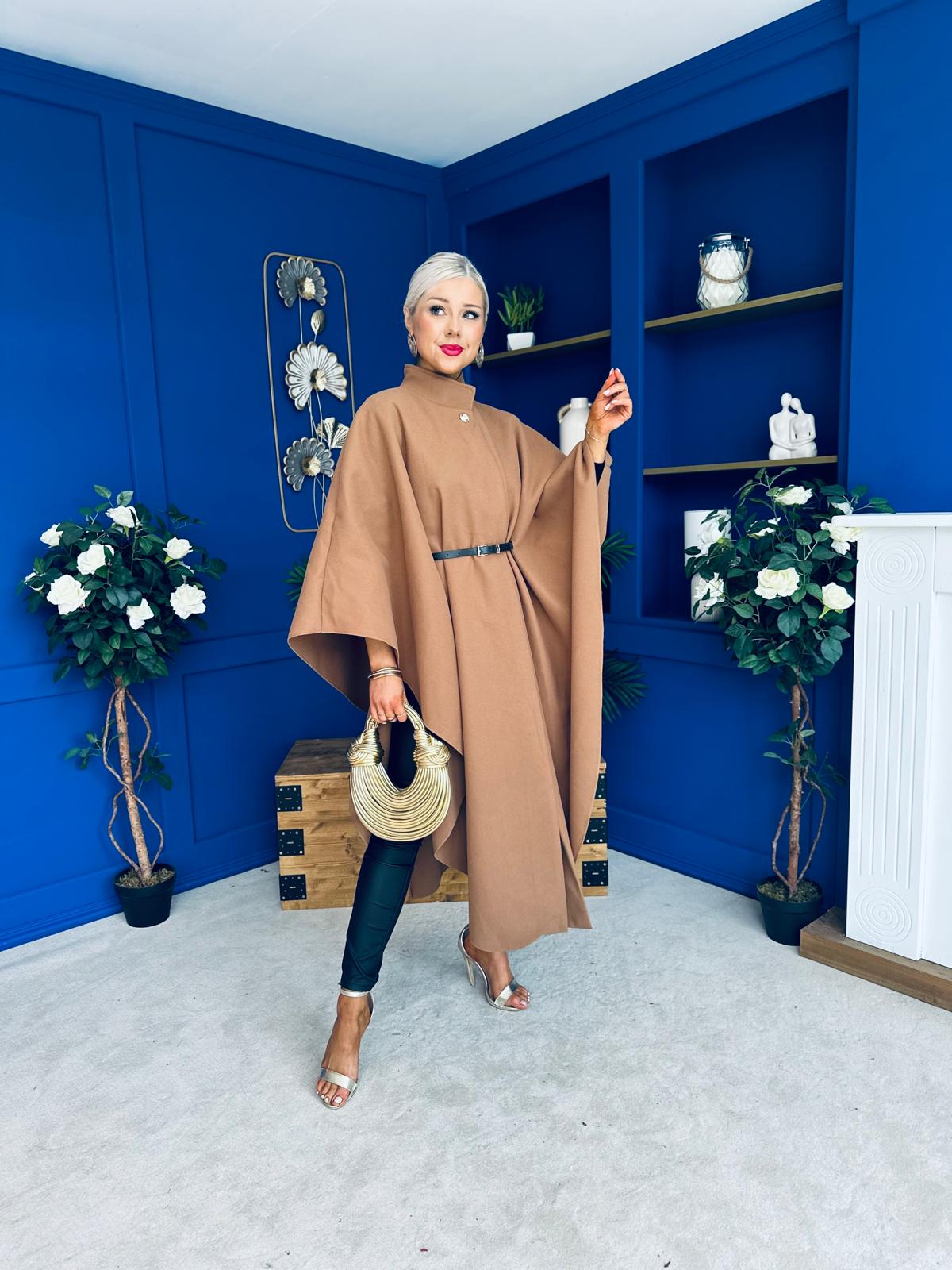Phoebe Belted Longline Cape Camel Pre Order 18 Sept