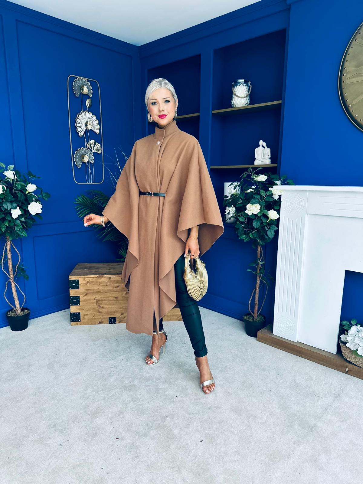 Phoebe Belted Longline Cape Camel Pre Order 18 Sept