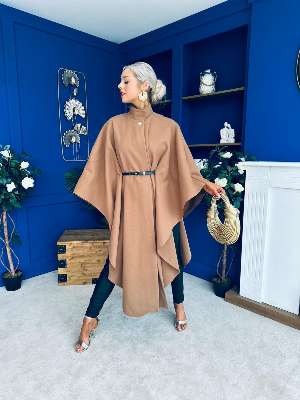 Phoebe Belted Longline Cape Camel Pre Order 18 Sept