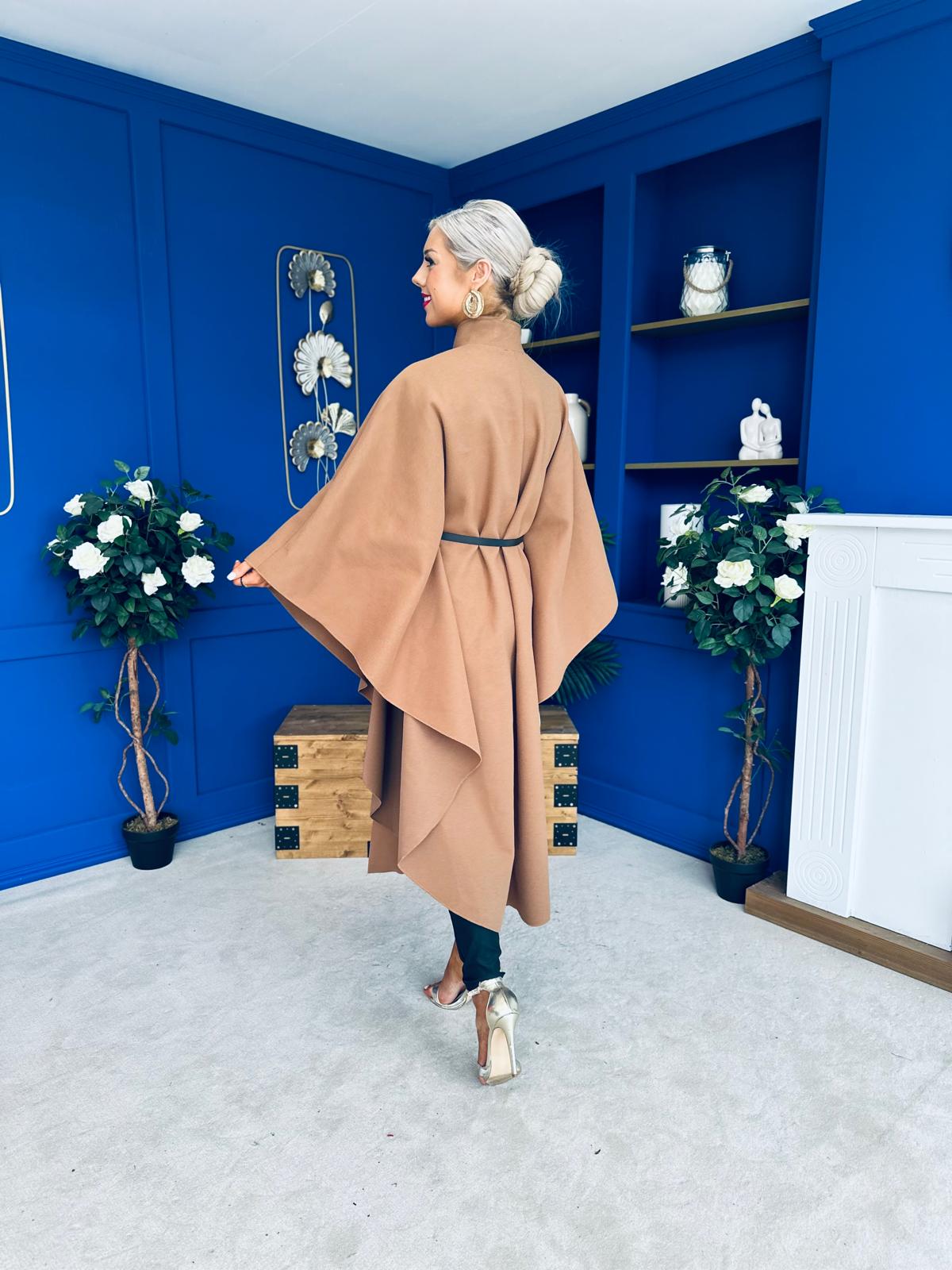 Phoebe Belted Longline Cape Camel Pre Order 18 Sept
