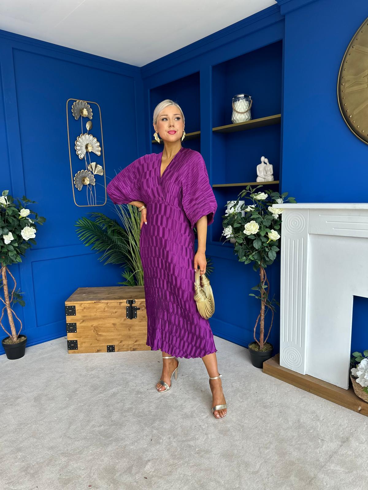 Maria Plisse Detail Midi Dress Violet
