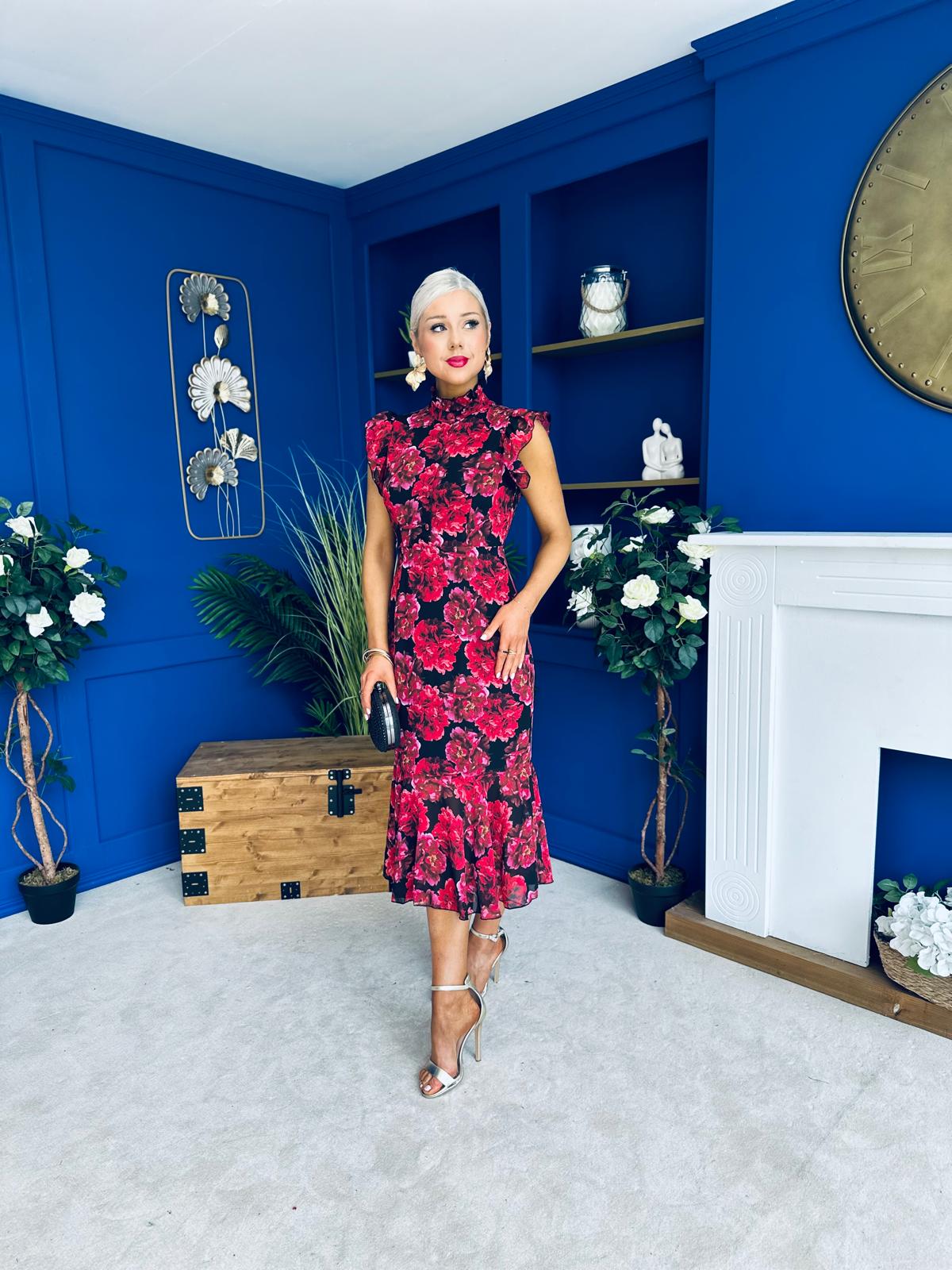 Hannah Frill Sleeve Button Front Midi Dress Black Ruby Floral