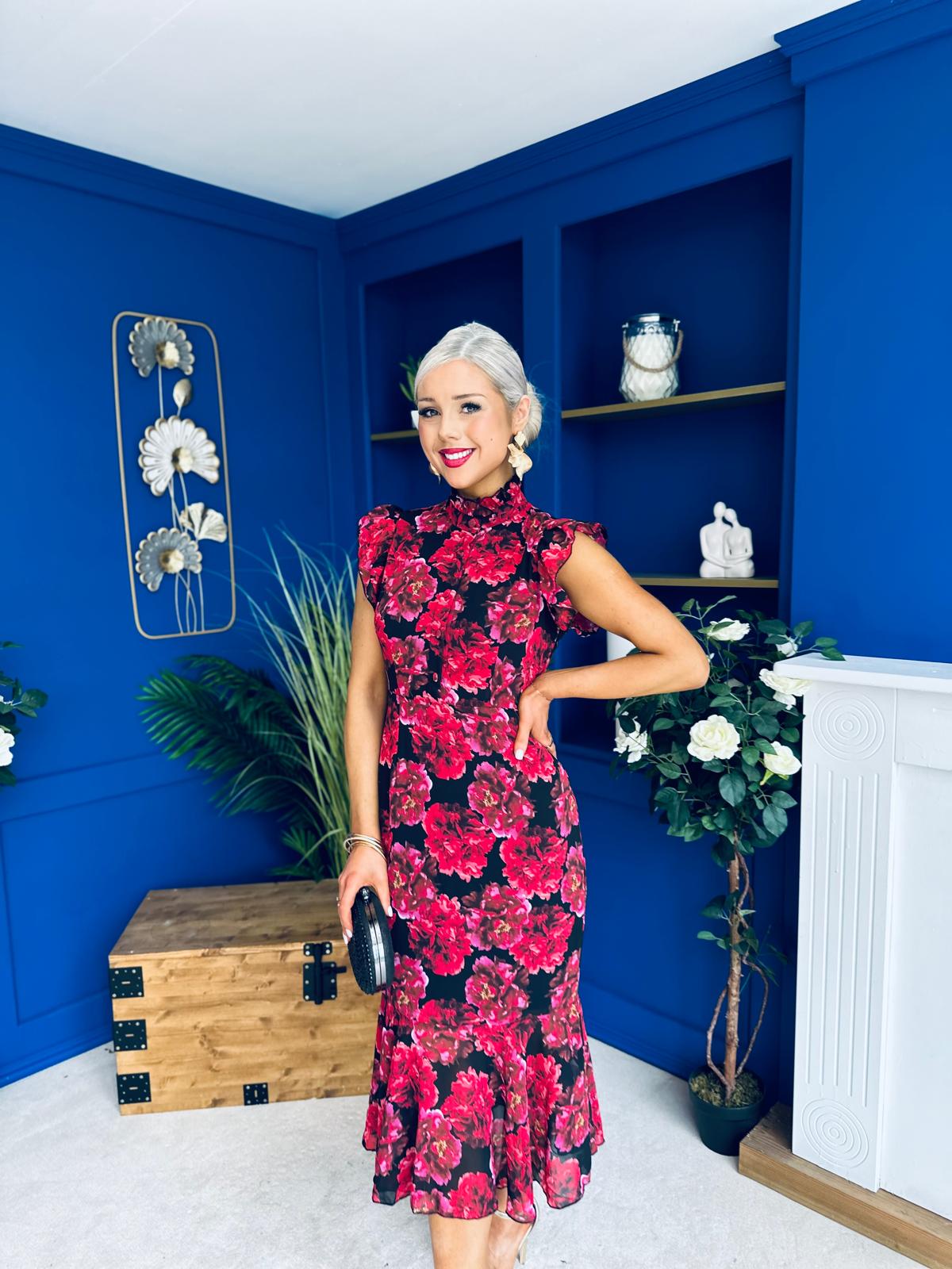 Hannah Frill Sleeve Button Front Midi Dress Black Ruby Floral