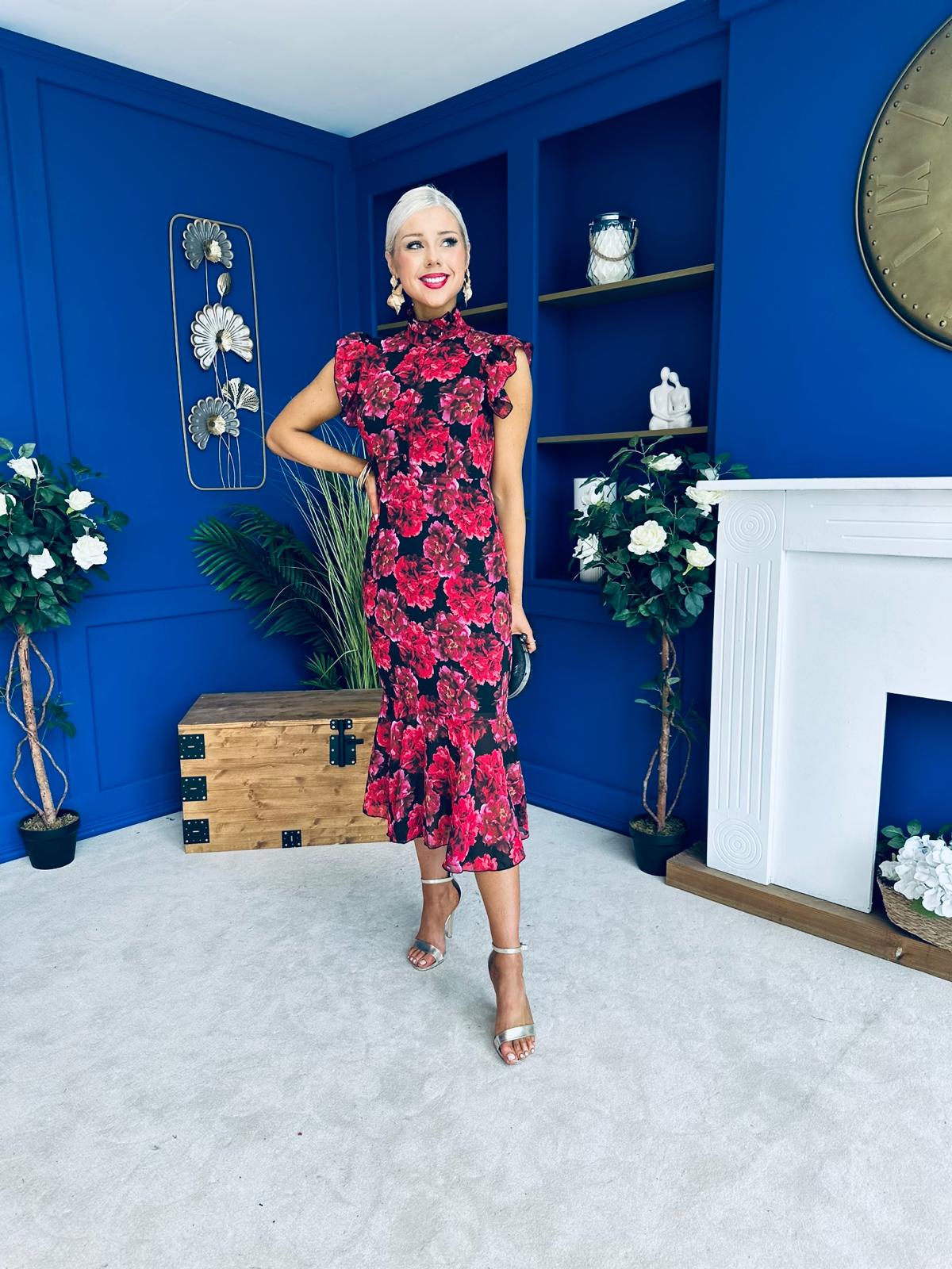 Hannah Frill Sleeve Button Front Midi Dress Black Ruby Floral