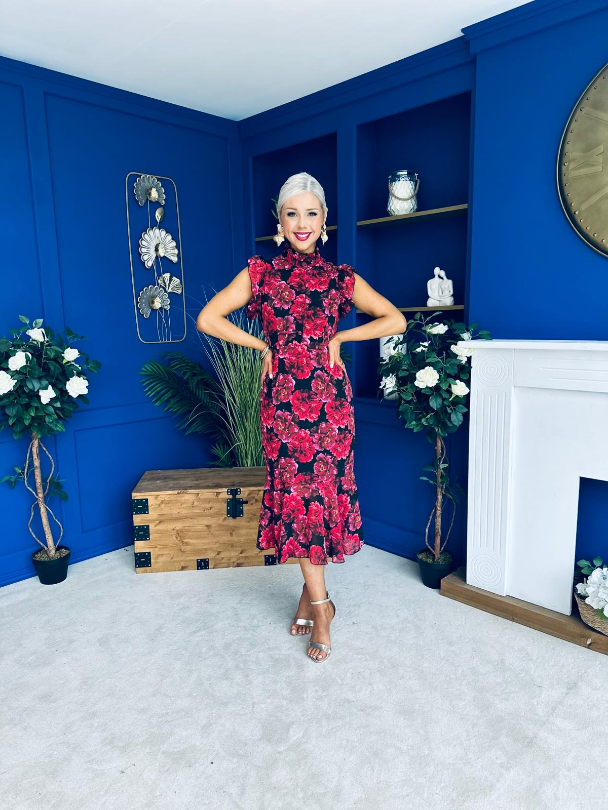 Hannah Frill Sleeve Button Front Midi Dress Black Ruby Floral