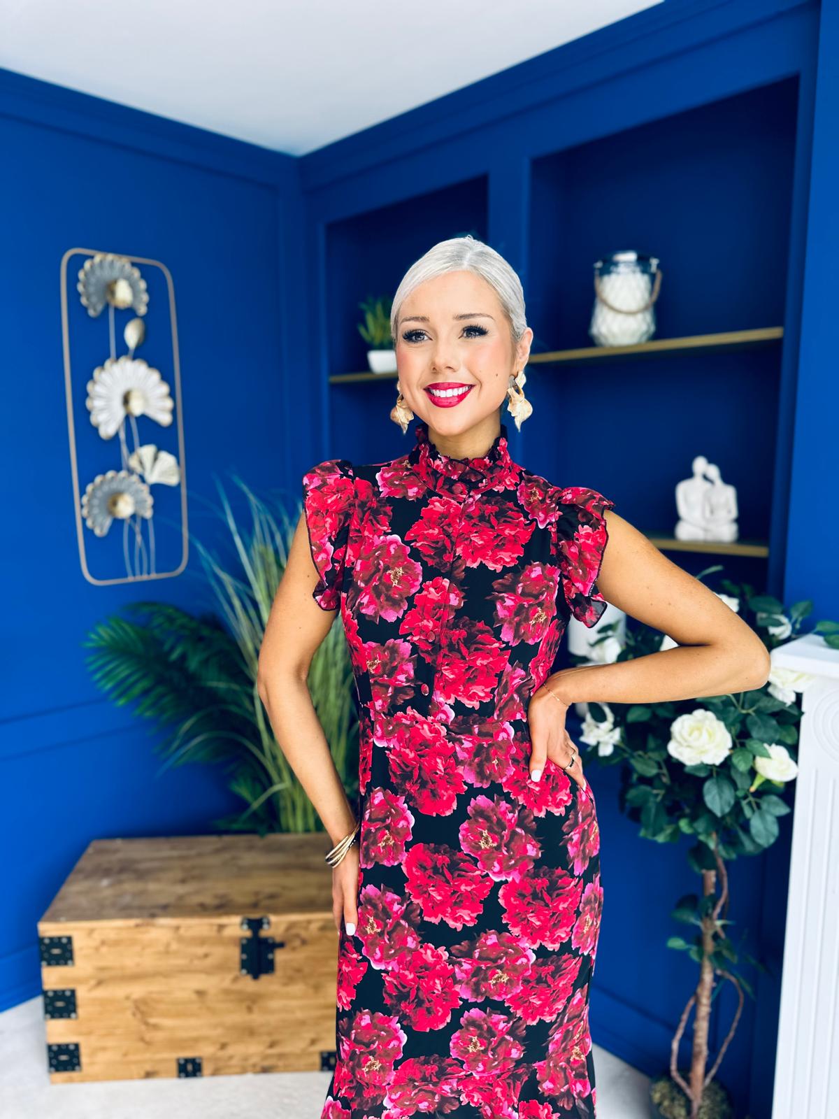 Hannah Frill Sleeve Button Front Midi Dress Black Ruby Floral