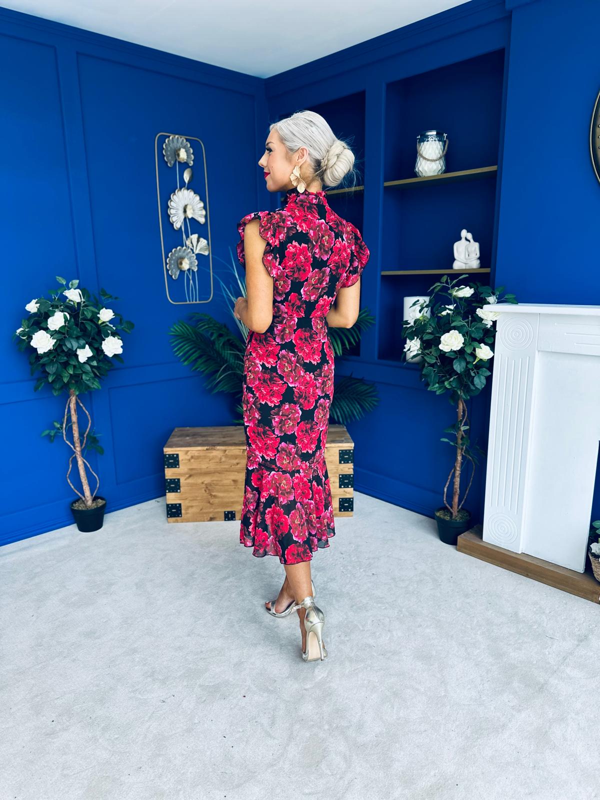 Hannah Frill Sleeve Button Front Midi Dress Black Ruby Floral