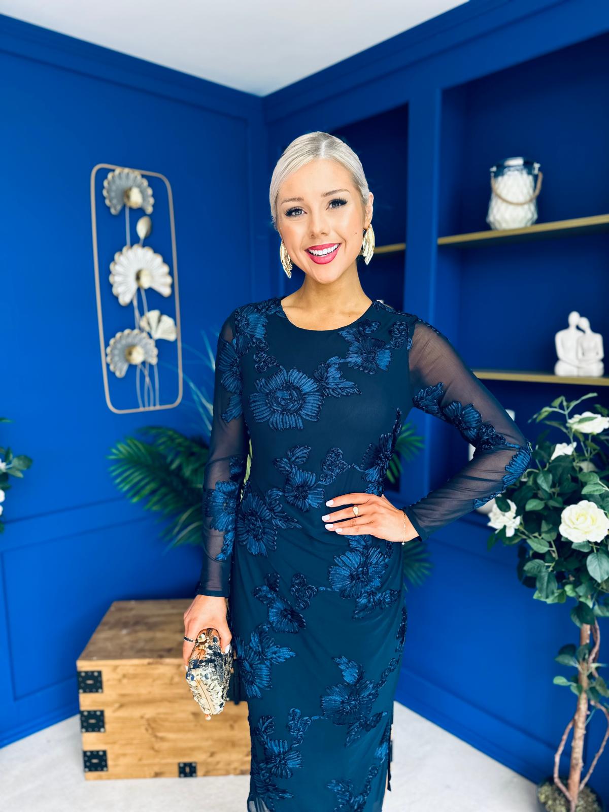Elodie Floral Embroidered Mesh Bodycon Dress Navy