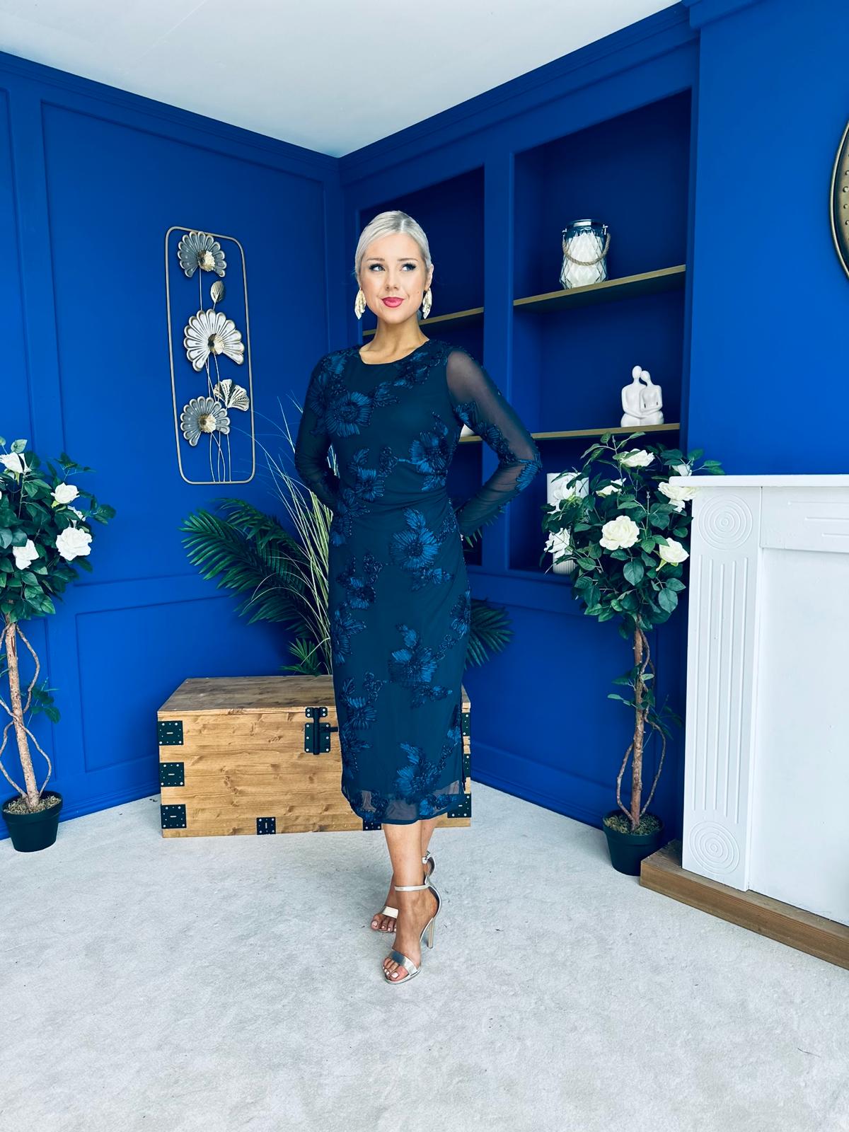 Elodie Floral Embroidered Mesh Bodycon Dress Navy