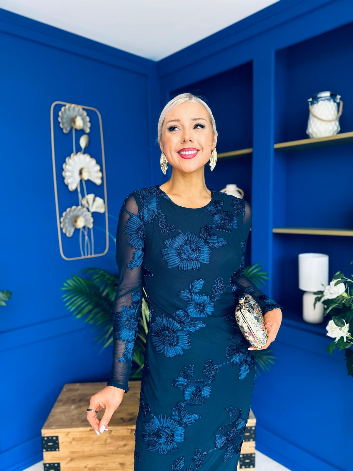 Elodie Floral Embroidered Mesh Bodycon Dress Navy