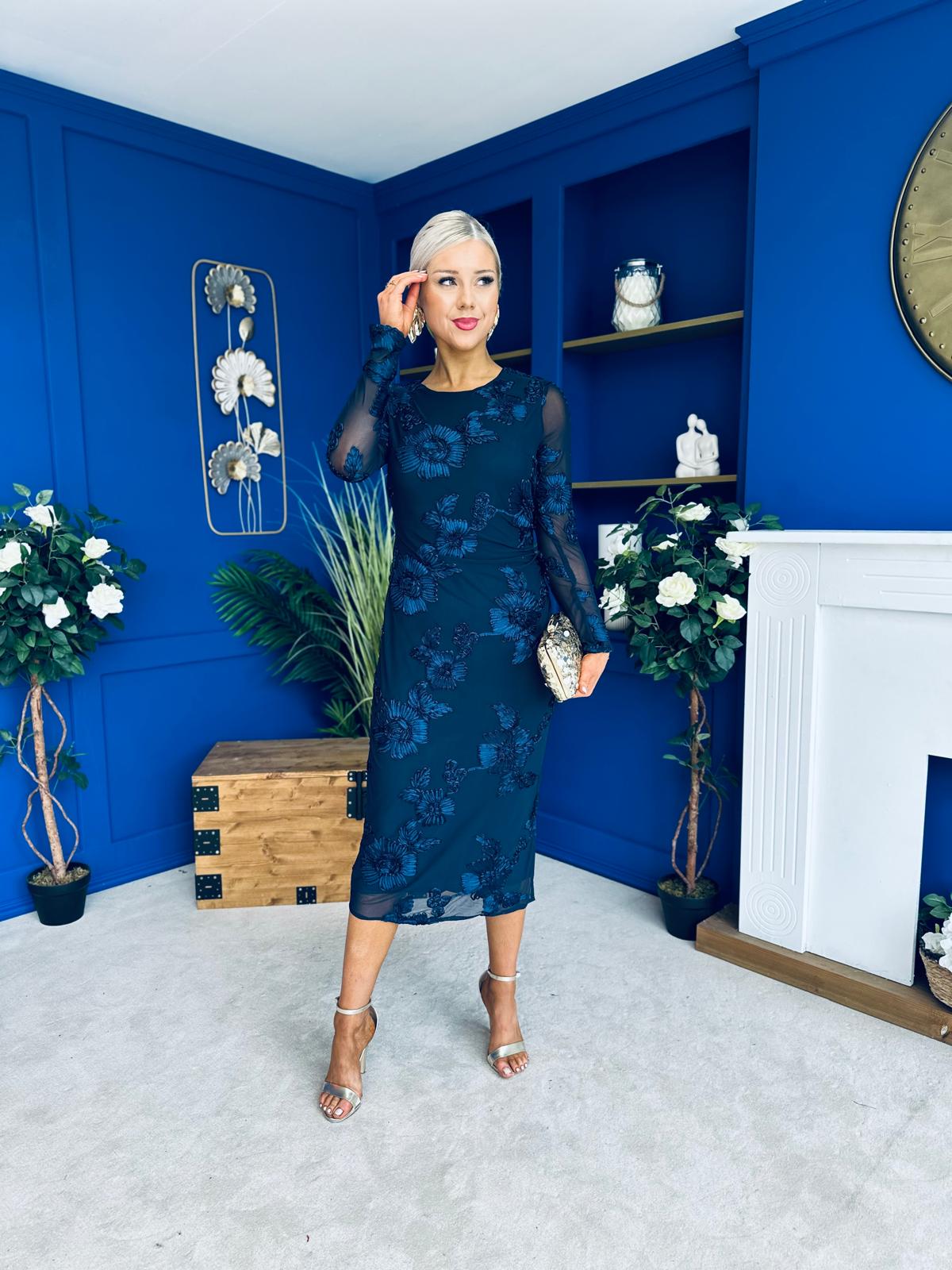 Elodie Floral Embroidered Mesh Bodycon Dress Navy
