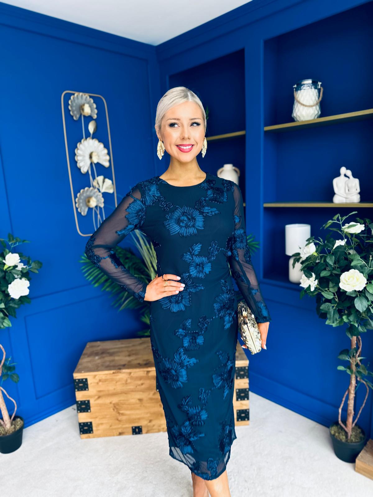 Elodie Floral Embroidered Mesh Bodycon Dress Navy