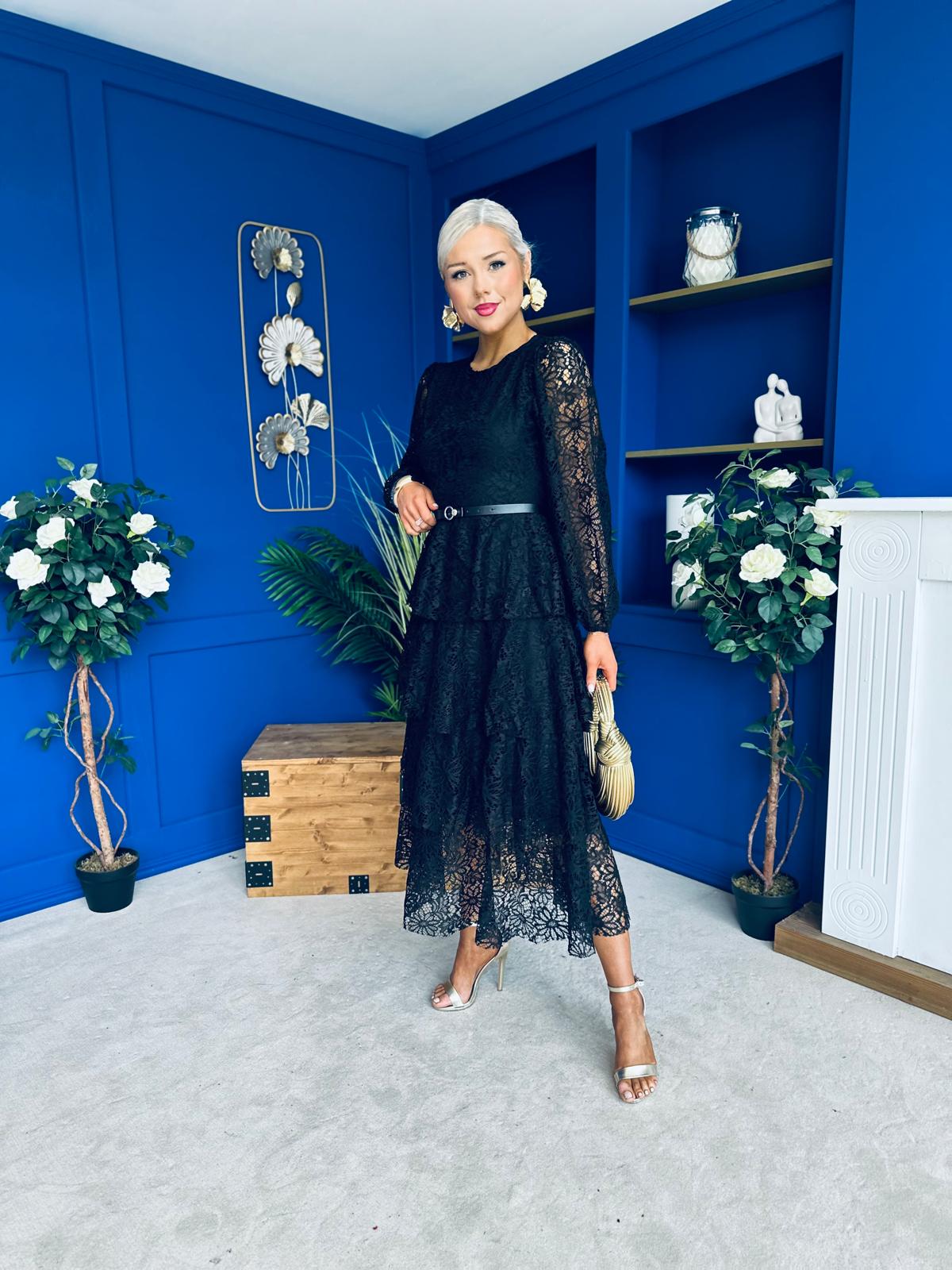 Julia Belted Lace Occasion Dress Black
