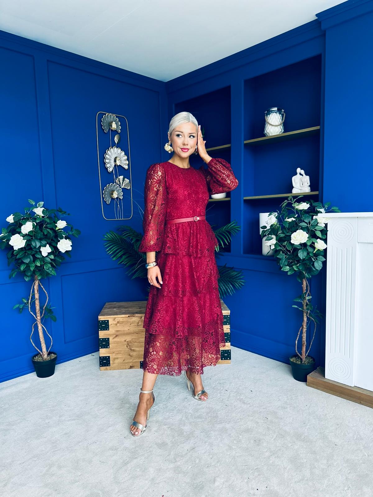 Julia Belted Lace Occasion Dress Wine
