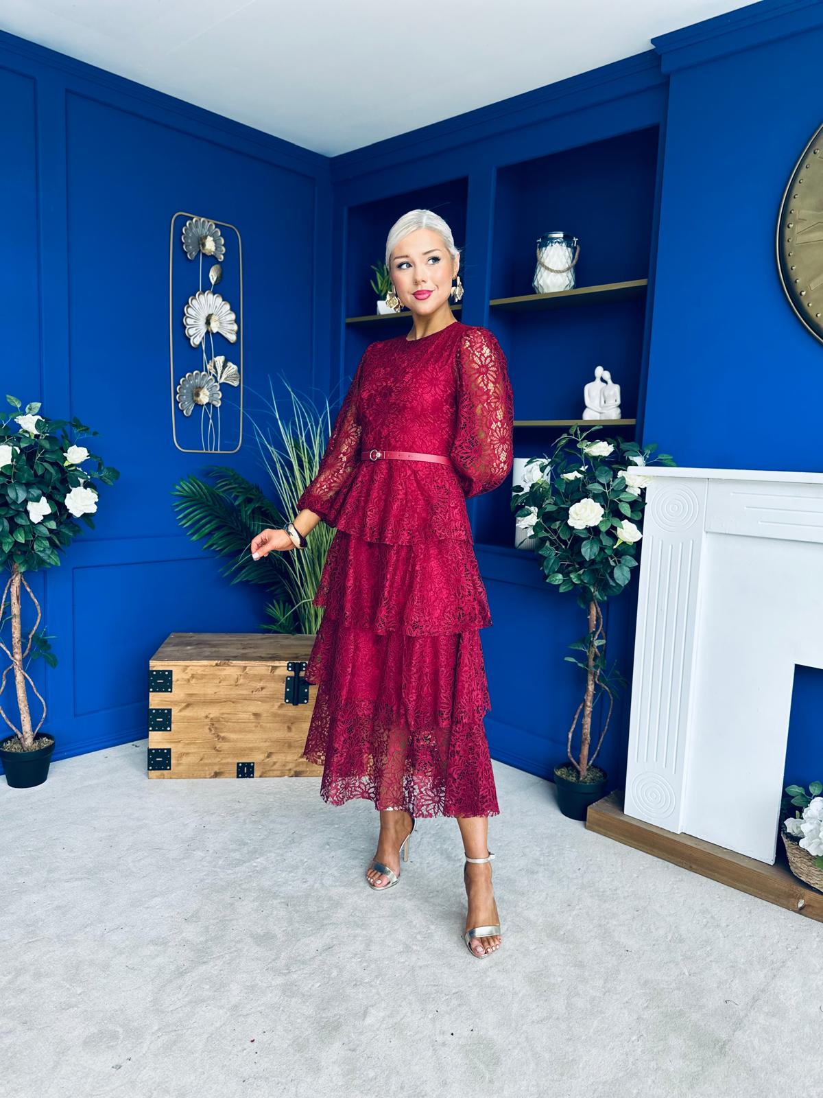 Julia Belted Lace Occasion Dress Wine