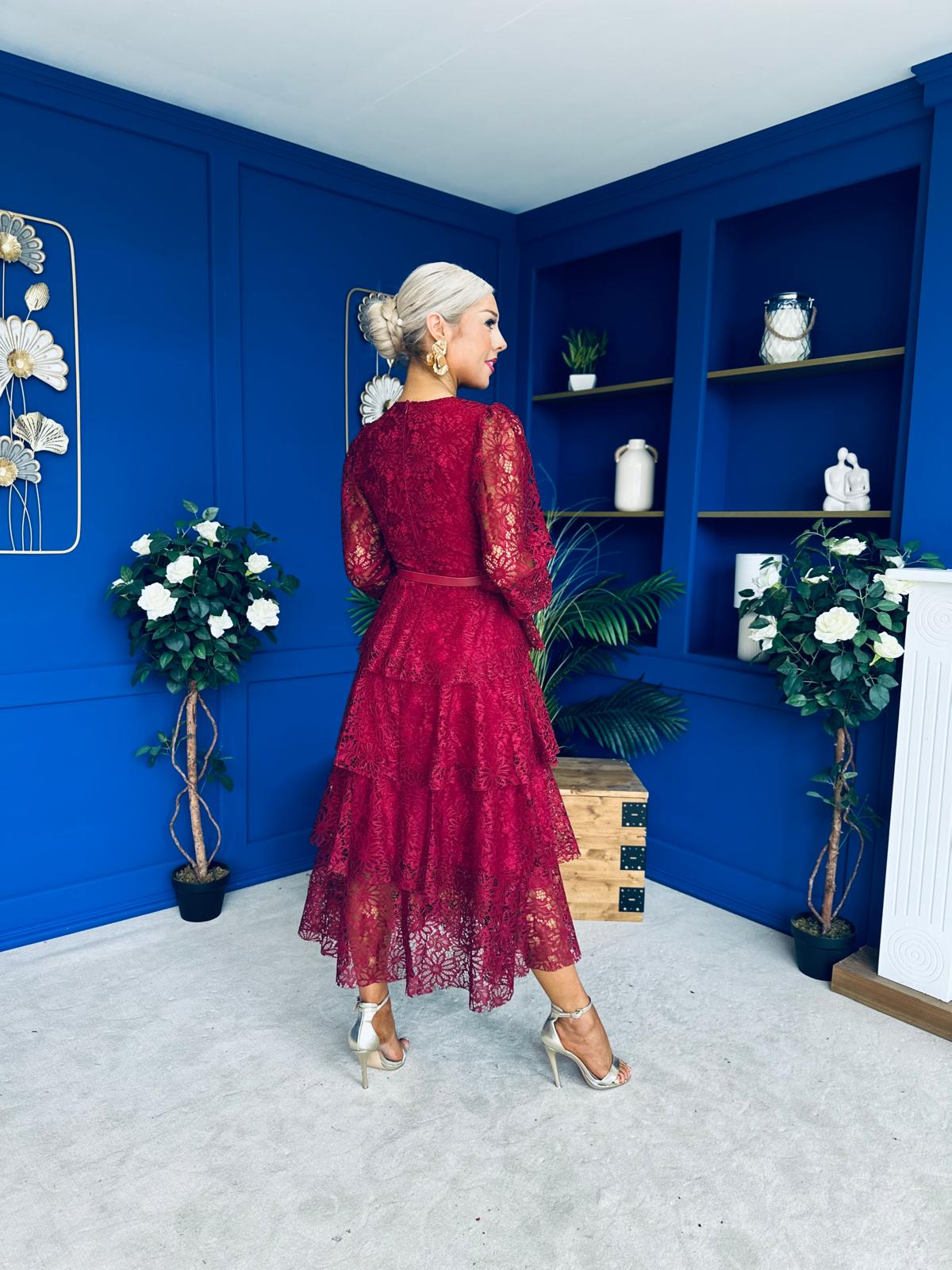 Julia Belted Lace Occasion Dress Wine