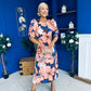 Samira Floral Frill Sleeve Midi Dress Brown Peach
