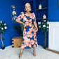 Samira Floral Frill Sleeve Midi Dress Brown Peach