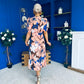 Samira Floral Frill Sleeve Midi Dress Brown Peach