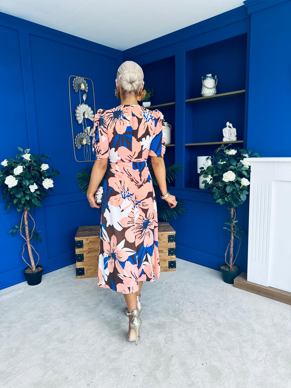 Samira Floral Frill Sleeve Midi Dress Brown Peach