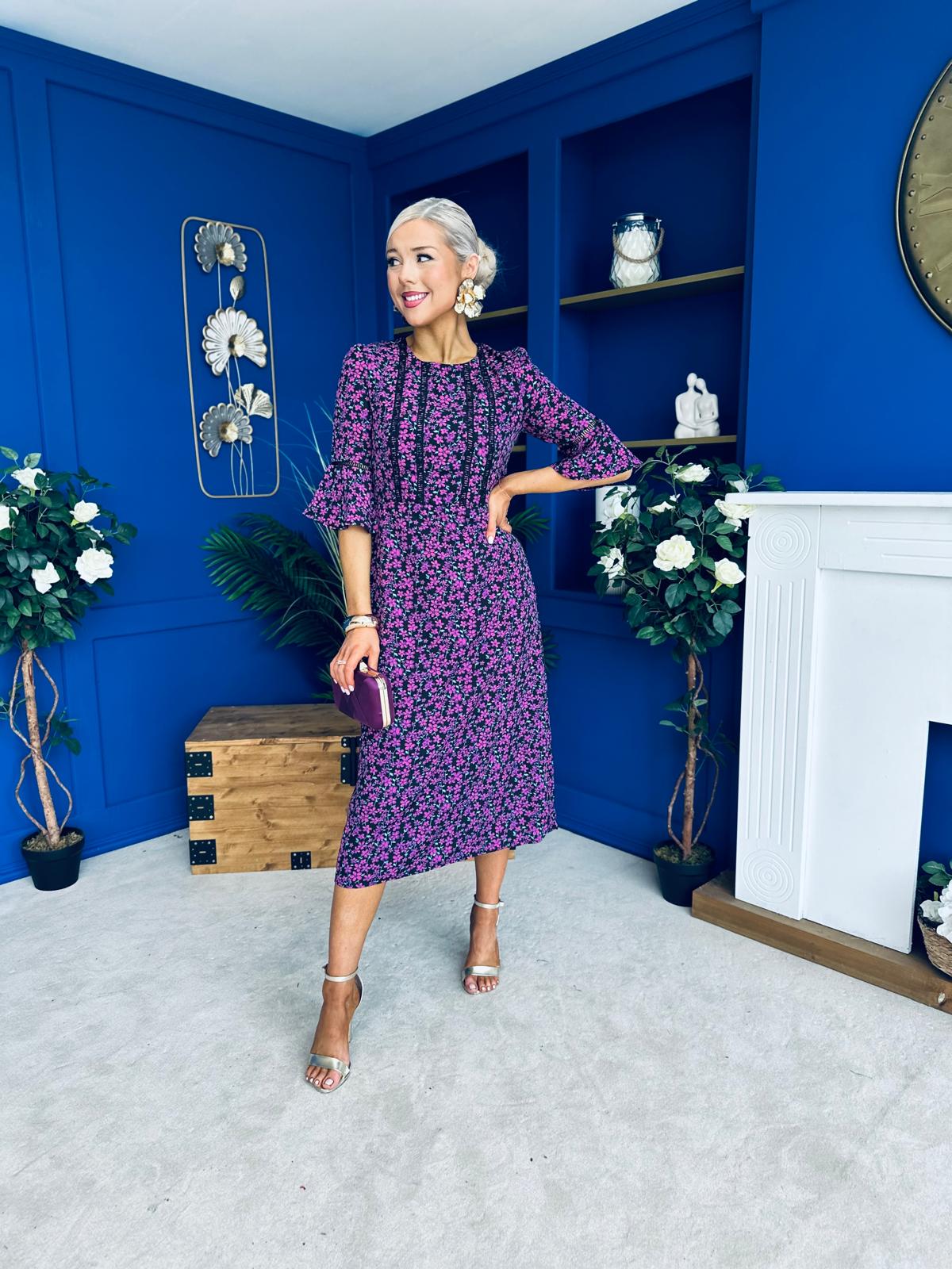 Blaire Detailed Midi Dress Floral Purple