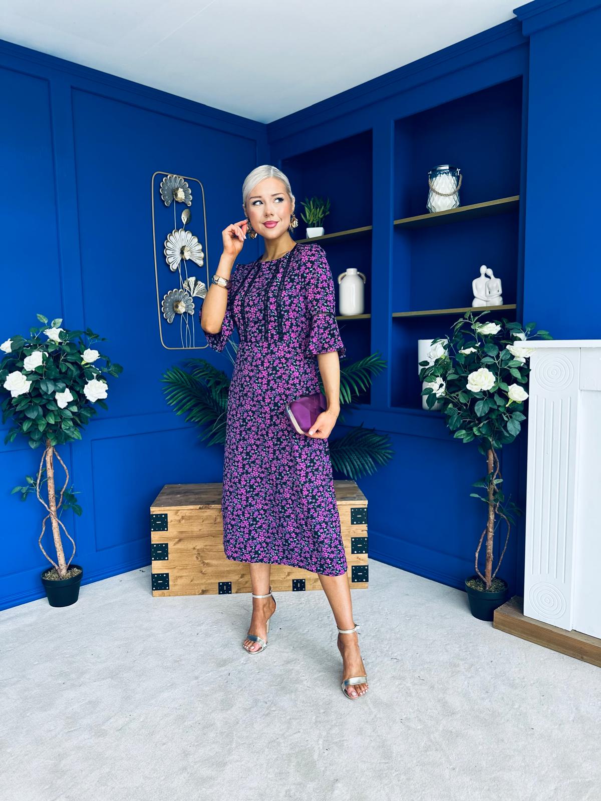 Blaire Detailed Midi Dress Floral Purple