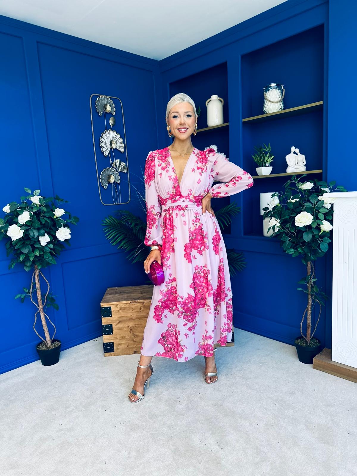 Sabrina Banded Midi Dress Floral Pink