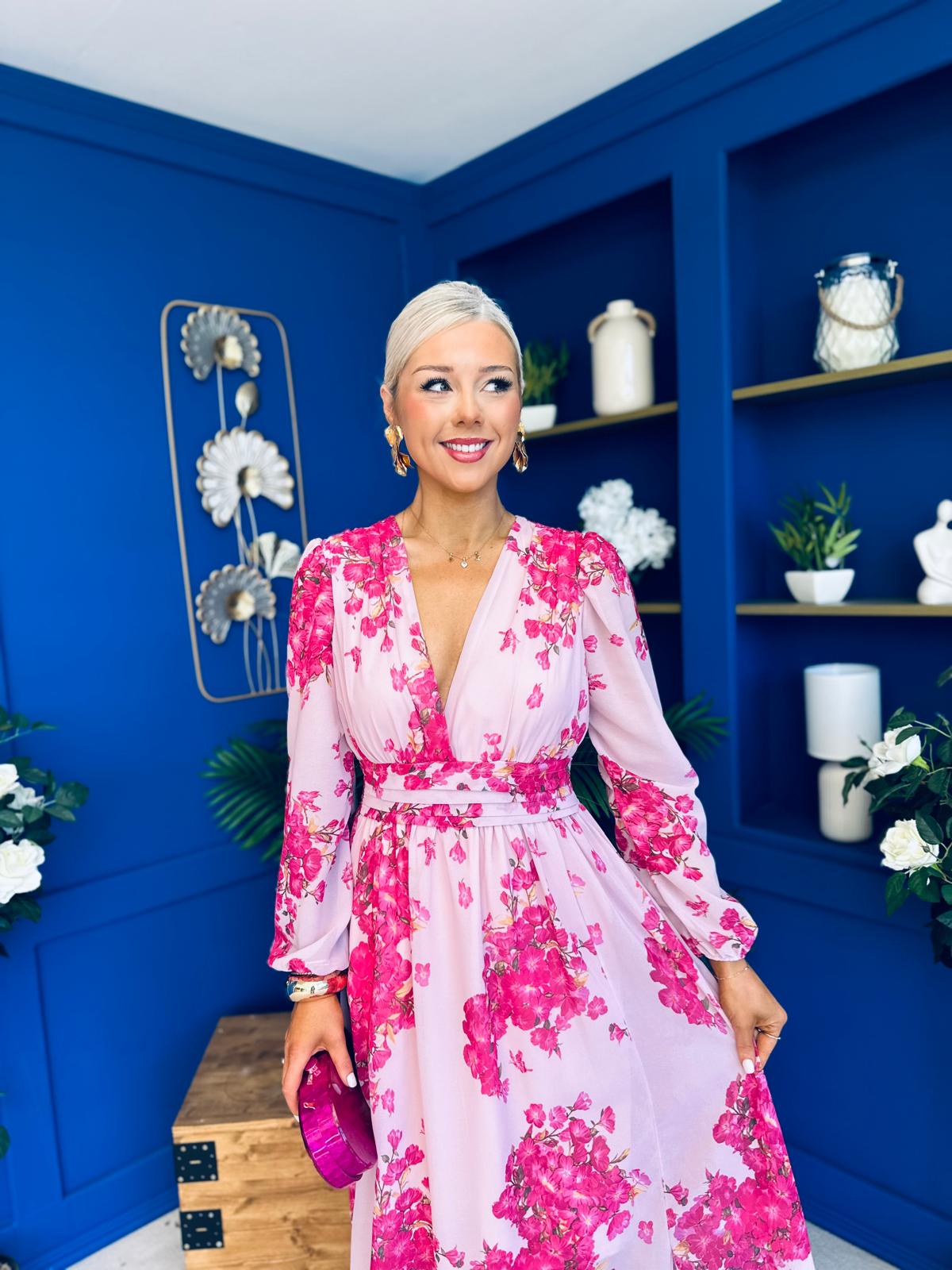 Sabrina Banded Midi Dress Floral Pink