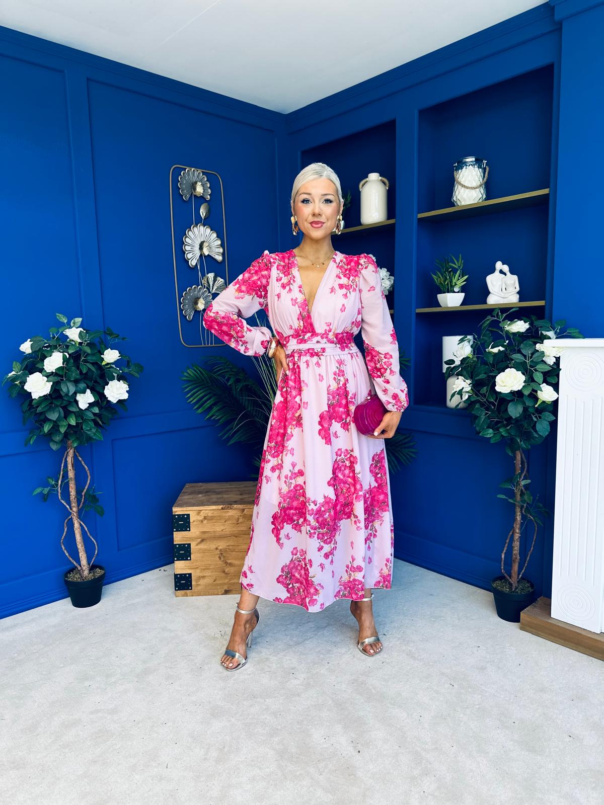 Sabrina Banded Midi Dress Floral Pink